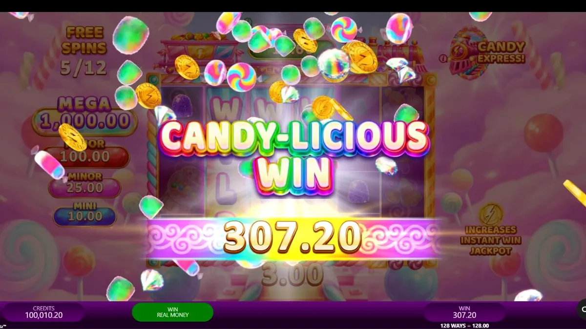Candy Express Gold Blitz slot machine interface featuring candy-themed symbols and a locomotive.