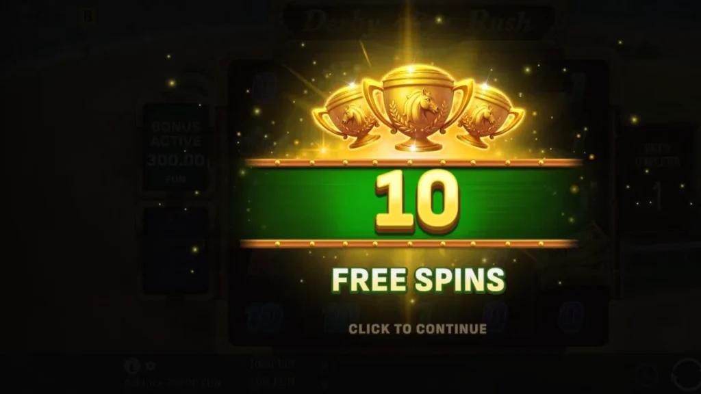 Derby Rush سلاٹ گیم کا مرکزی انٹرفیس جس میں ریسنگ کا تھیم نمایاں ہے۔