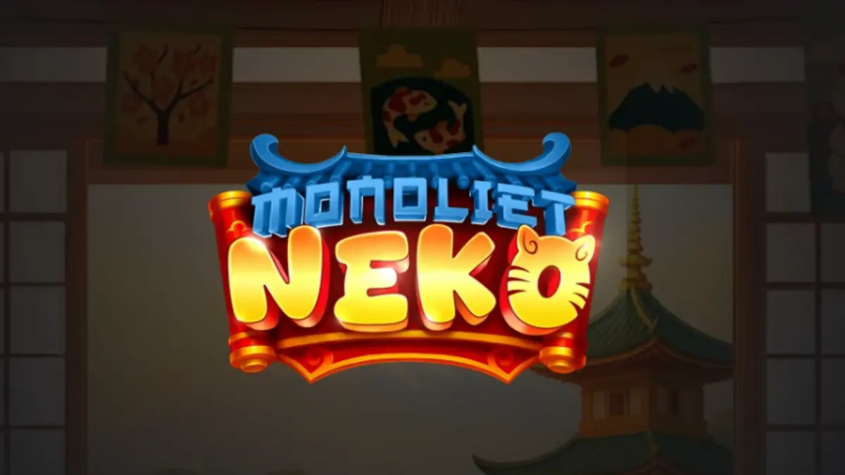 Monoliet Neko سلاٹ مشین کا مرکزی انٹرفیس جس میں خوش قسمت بلی اور سنہری سکے نظر آ رہے ہیں۔