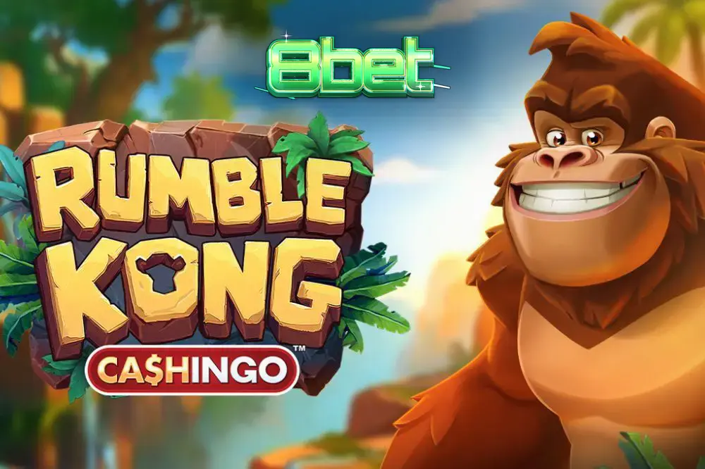 Rumble Kong CASHINGO گیم کا ایک منظر جس میں جنگل کی تھیم اور رنگین علامات دکھائی گئی ہیں۔